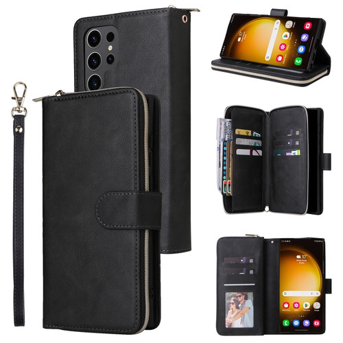 Samsung Galaxy S24 Ultra 5G 9 Card Slots Zipper Wallet Bag Leather Phone Case - Black
