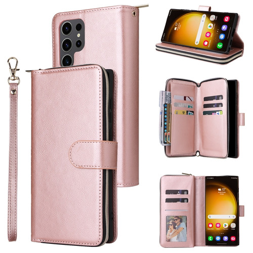 Samsung Galaxy S24 Ultra 5G 9 Card Slots Zipper Wallet Bag Leather Phone Case - Rose Gold