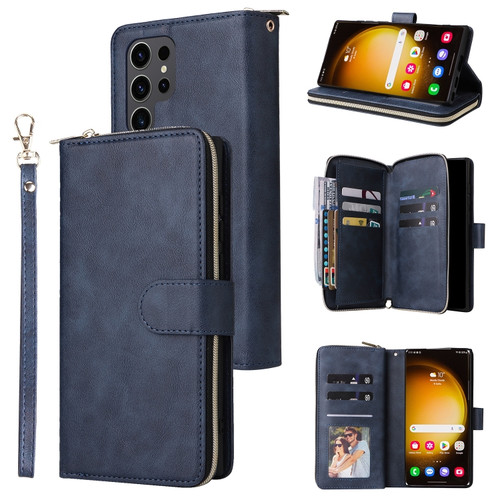 Samsung Galaxy S24 Ultra 5G 9 Card Slots Zipper Wallet Bag Leather Phone Case - Blue