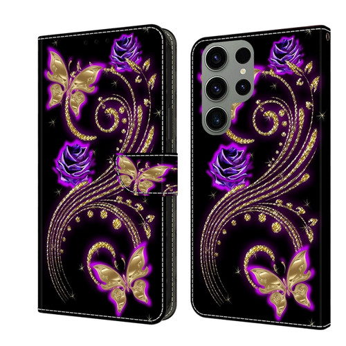 Samsung Galaxy S24 Ultra 5G Crystal 3D Shockproof Protective Leather Phone Case - Purple Flower Butterfly
