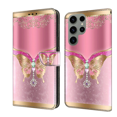 Samsung Galaxy S24 Ultra 5G Crystal 3D Shockproof Protective Leather Phone Case - Pink Bottom Butterfly