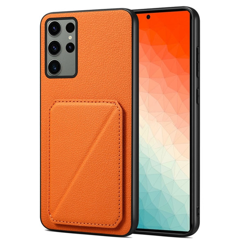 Samsung Galaxy S24 Ultra 5G Denior Imitation Calf Leather Back Phone Case with Holder - Orange