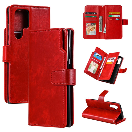 Samsung Galaxy S24 Ultra 5G Tri-Fold 9-Card Wallets Leather Phone Case - Red
