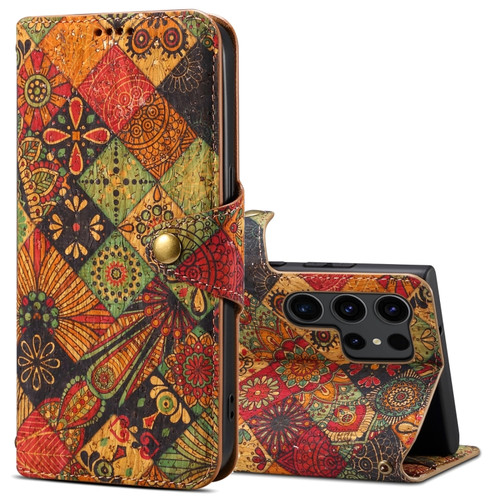 Samsung Galaxy S24 Ultra 5G Denior Flower Language Series Cork Fabric Oil Edge Leather Phone Case - Autumn