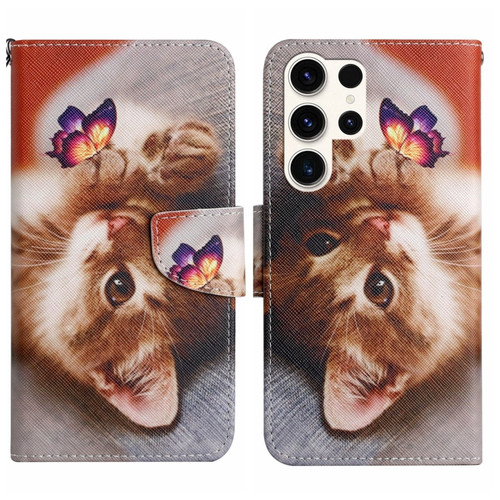 Samsung Galaxy S24 Ultra 5G Colored Drawing Pattern Leather Phone Case - Butterfly Cat