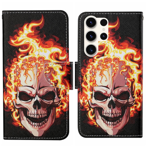 Samsung Galaxy S24 Ultra 5G Colored Drawing Pattern Leather Phone Case - Flame Skull