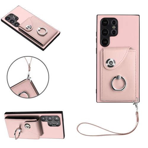 Samsung Galaxy S24 Ultra 5G Organ Card Bag Ring Holder PU Phone Case with Lanyard - Pink