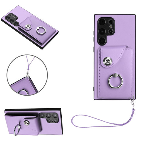 Samsung Galaxy S24 Ultra 5G Organ Card Bag Ring Holder PU Phone Case with Lanyard - Purple