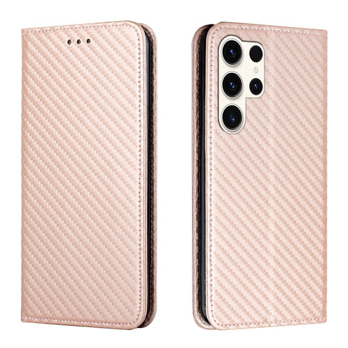Samsung Galaxy S24 Ultra 5G Carbon Fiber Texture Flip Holder Leather Phone Case - Rose Gold