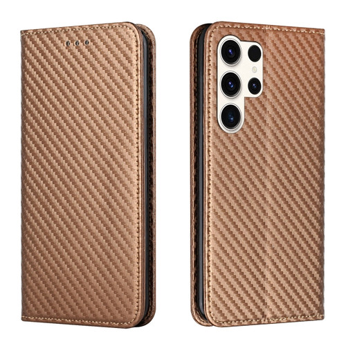 Samsung Galaxy S24 Ultra 5G Carbon Fiber Texture Flip Holder Leather Phone Case - Brown