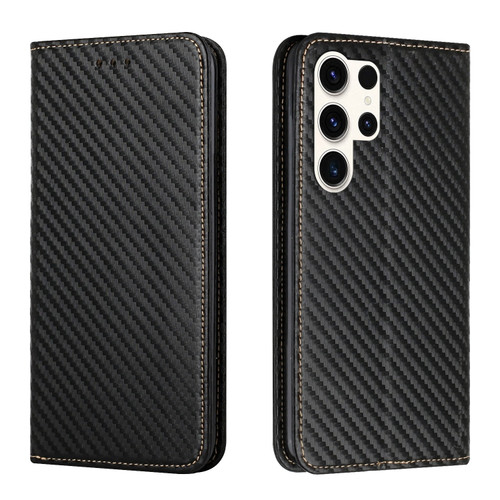 Samsung Galaxy S24 Ultra 5G Carbon Fiber Texture Flip Holder Leather Phone Case - Black