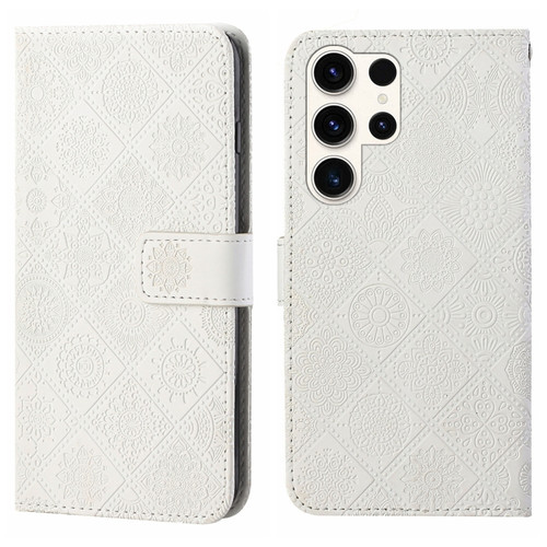 Samsung Galaxy S24 Ultra 5G Ethnic Style Embossed Pattern Leather Phone Case - White