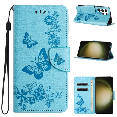 Samsung Galaxy S24 Ultra 5G Butterfly Embossed Flip Leather Phone Case - Blue