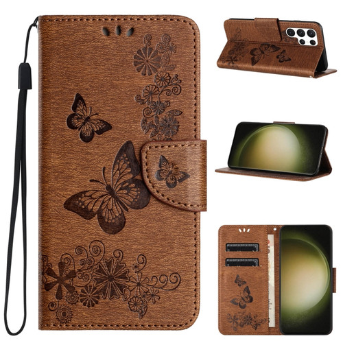 Samsung Galaxy S24 Ultra 5G Butterfly Embossed Flip Leather Phone Case - Brown