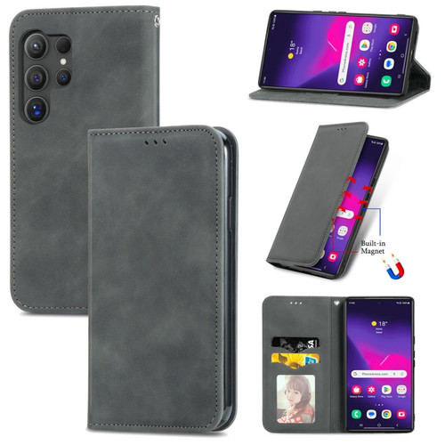 Samsung Galaxy S24 Ultra 5G Retro Skin Feel Magnetic Leather Phone Case - Gray