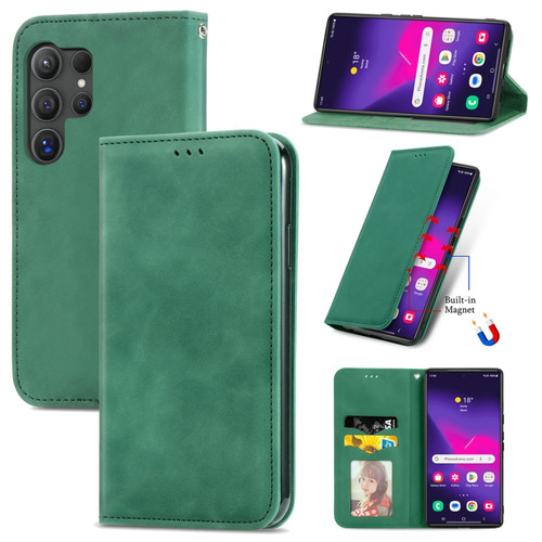 Samsung Galaxy S24 Ultra 5G Retro Skin Feel Magnetic Leather Phone Case - Green