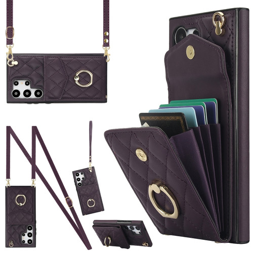 Samsung Galaxy S24 Ultra 5G Rhombic Texture Card Bag Phone Case with Long Lanyard - Dark Purple