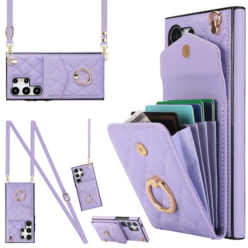 Samsung Galaxy S24 Ultra 5G Rhombic Texture Card Bag Phone Case with Long Lanyard - Light Purple