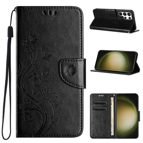 Samsung Galaxy S24 Ultra 5G Butterfly Flower Pattern Flip Leather Phone Case - Black