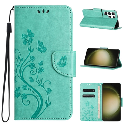 Samsung Galaxy S24 Ultra 5G Butterfly Flower Pattern Flip Leather Phone Case - Green