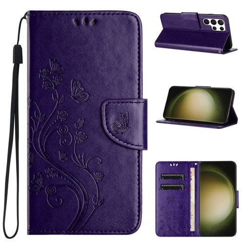 Samsung Galaxy S24 Ultra 5G Butterfly Flower Pattern Flip Leather Phone Case - Dark Purple