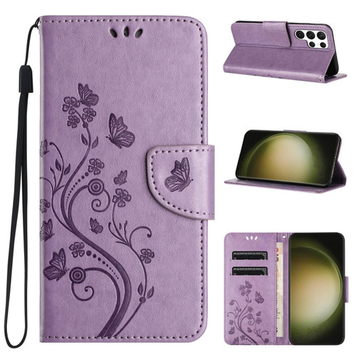 Samsung Galaxy S24 Ultra 5G Butterfly Flower Pattern Flip Leather Phone Case - Light Purple