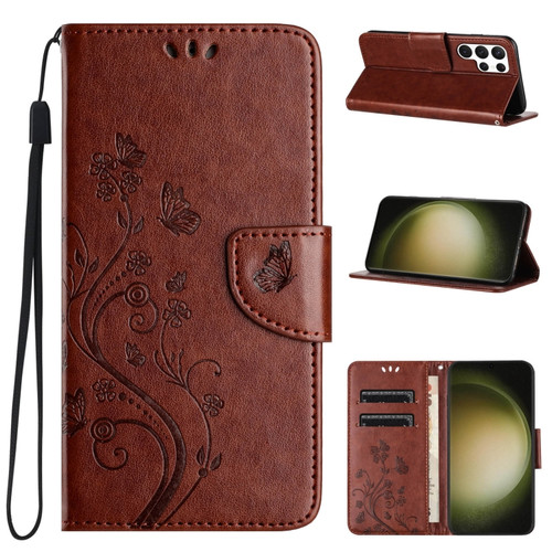 Samsung Galaxy S24 Ultra 5G Butterfly Flower Pattern Flip Leather Phone Case - Brown