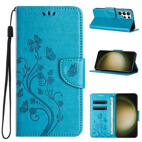 Samsung Galaxy S24 Ultra 5G Butterfly Flower Pattern Flip Leather Phone Case - Blue