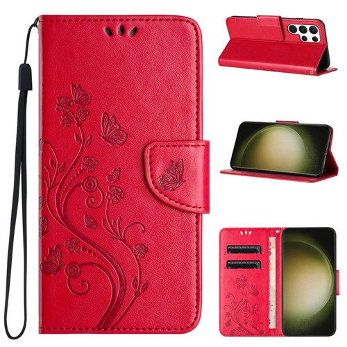 Samsung Galaxy S24 Ultra 5G Butterfly Flower Pattern Flip Leather Phone Case - Red