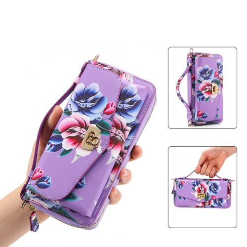 Samsung Galaxy S24 Ultra 5G Flower Multi-functional Crossbody Zipper Wallet Leather Phone Case - Purple