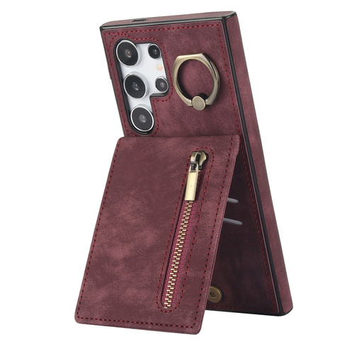 Samsung Galaxy S24 Ultra 5G Retro Ring and Zipper RFID Card Slot Phone Case - Wine Red