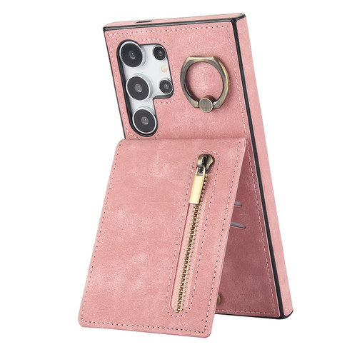 Samsung Galaxy S24 Ultra 5G Retro Ring and Zipper RFID Card Slot Phone Case - Pink