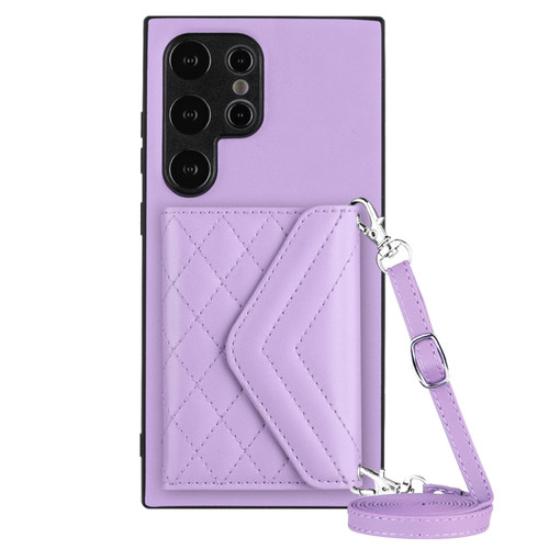 Samsung Galaxy S24 Ultra 5G Rhombic Texture Card Bag RFID Phone Case with Long Lanyard - Light Purple