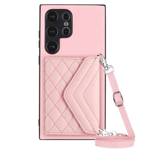 Samsung Galaxy S24 Ultra 5G Rhombic Texture Card Bag RFID Phone Case with Long Lanyard - Rose Gold