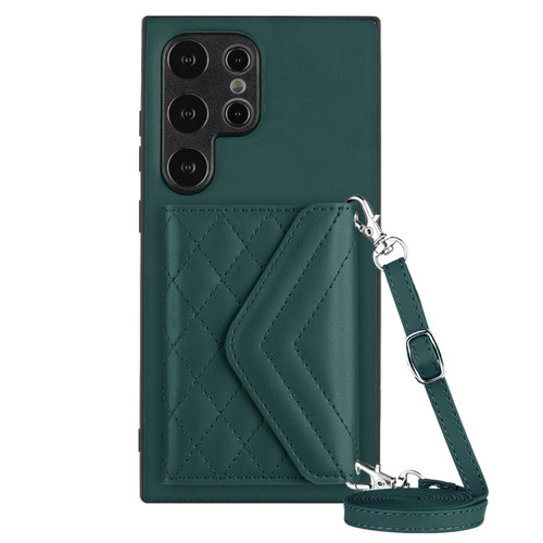 Samsung Galaxy S24 Ultra 5G Rhombic Texture Card Bag RFID Phone Case with Long Lanyard - Green