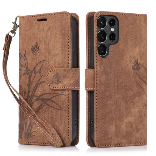 Samsung Galaxy S24 Ultra 5G Orchid Butterfly Embossed Leather Phone Case - Brown