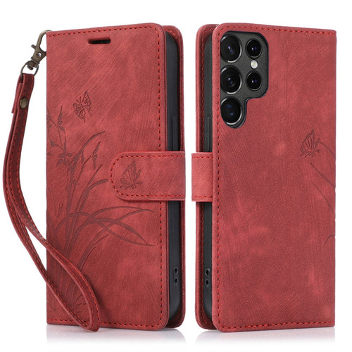 Samsung Galaxy S24 Ultra 5G Orchid Butterfly Embossed Leather Phone Case - Red