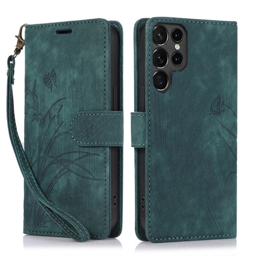 Samsung Galaxy S24 Ultra 5G Orchid Butterfly Embossed Leather Phone Case - Green