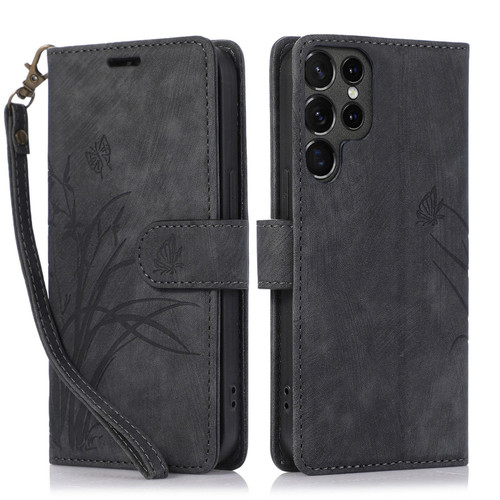 Samsung Galaxy S24 Ultra 5G Orchid Butterfly Embossed Leather Phone Case - Black