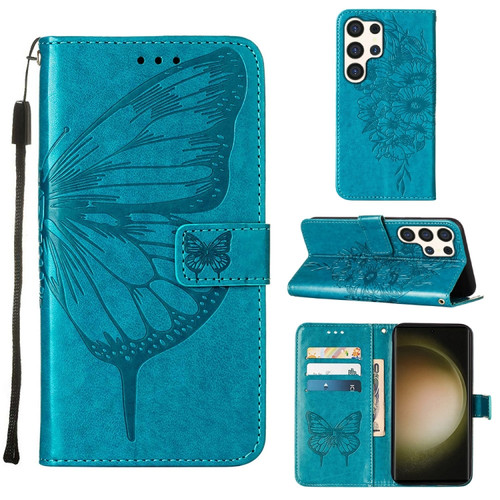 Samsung Galaxy S24 Ultra 5G Embossed Butterfly Leather Phone Case - Blue