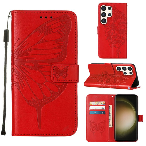 Samsung Galaxy S24 Ultra 5G Embossed Butterfly Leather Phone Case - Red