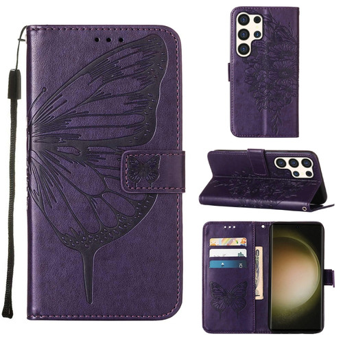 Samsung Galaxy S24 Ultra 5G Embossed Butterfly Leather Phone Case - Dark Purple