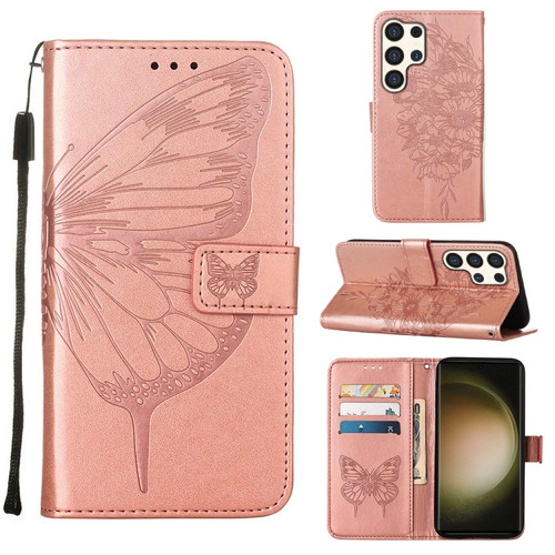 Samsung Galaxy S24 Ultra 5G Embossed Butterfly Leather Phone Case - Rose Gold