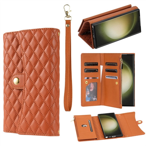 Samsung Galaxy S24 Ultra 5G Zipper Multi-Card Wallet Rhombic Leather Phone Case - Brown