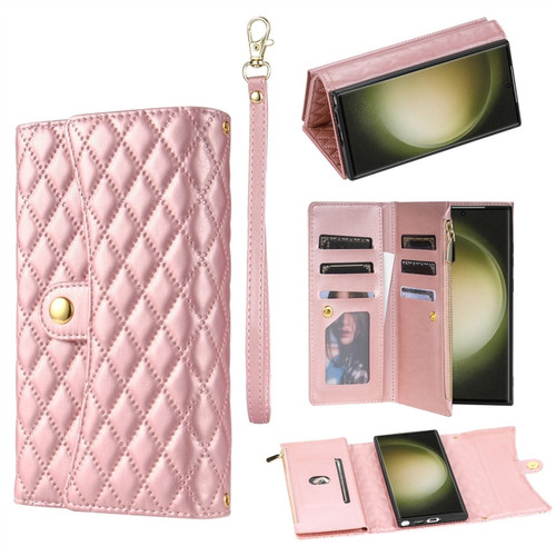 Samsung Galaxy S24 Ultra 5G Zipper Multi-Card Wallet Rhombic Leather Phone Case - Rose Gold