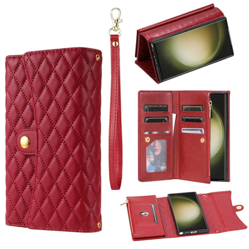 Samsung Galaxy S24 Ultra 5G Zipper Multi-Card Wallet Rhombic Leather Phone Case - Red