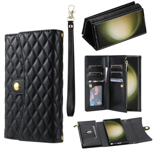 Samsung Galaxy S24 Ultra 5G Zipper Multi-Card Wallet Rhombic Leather Phone Case - Black