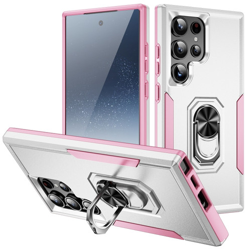 Samsung Galaxy S24 Ultra 5G Pioneer Armor Heavy Duty PC + TPU Phone Case with Holder - White+Pink