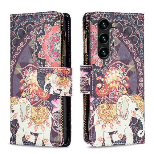 Samsung Galaxy S24+ 5G Colored Drawing Pattern Zipper Leather Phone Case - Flower Elephant