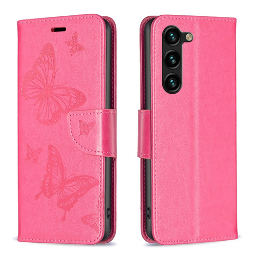 Samsung Galaxy S24+ 5G Embossing Two Butterflies Pattern Leather Phone Case - Rose Red